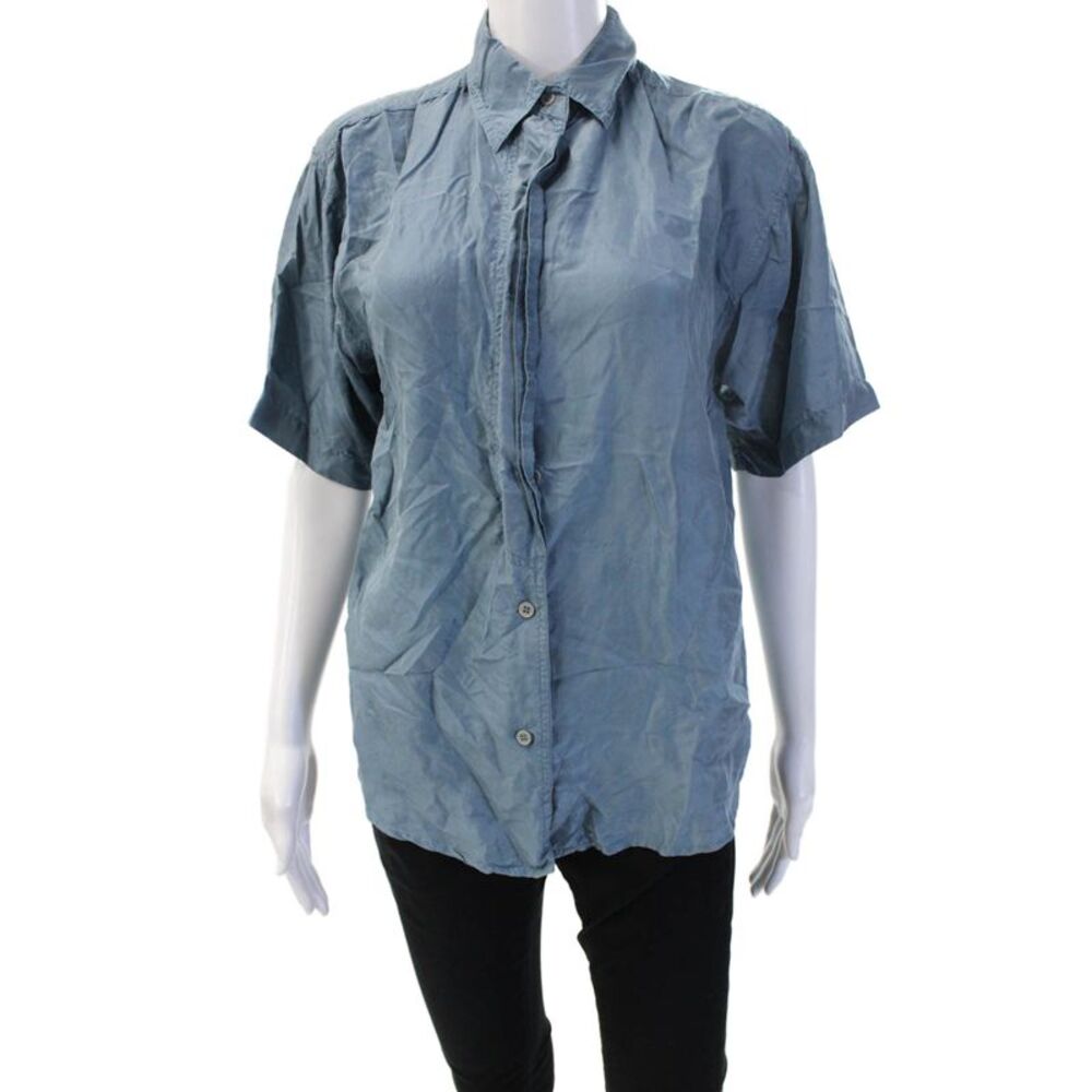 Pure Silk Mens Button-Down Collared Silk Shirt Blue Long Sleeve Size S